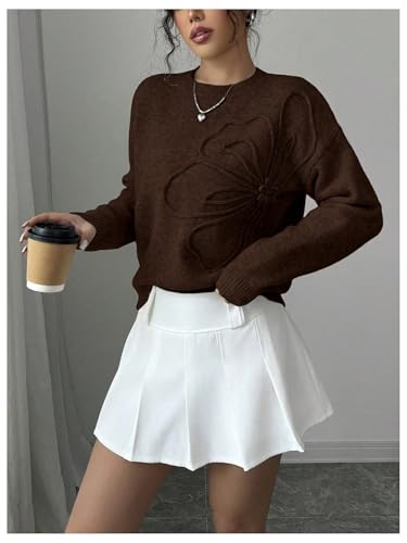 Image of RoseSeek Women's 3D Floral Appliques Crewneck Sweaters Long Sleeve Drop Shoulder Pullovers Elegant Knit Tops