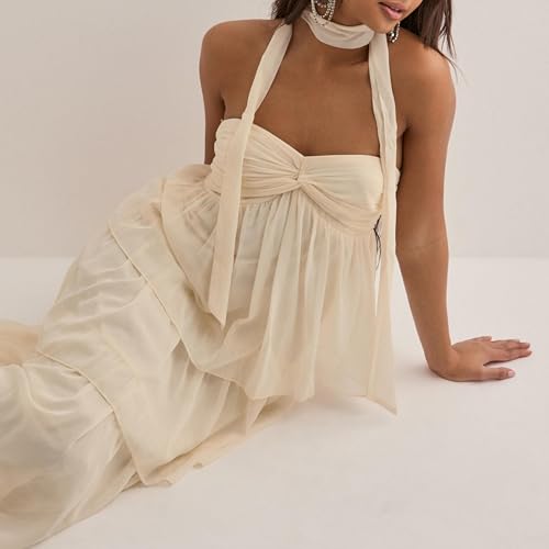 Image of Women Y2k Backless Long Dress Halter Tie Neck Maxi Dress Flowy Beach Sundress Summer Streetwear