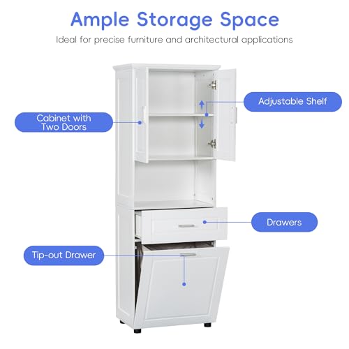 Linique 69.25\" H Tall Bathroom Cabinet with Tilt-Out Laundry Hamper Basket and Upper Storage Cabinet,Storage Cabinet with Two Doors,Adjustable Shelf and Drawer,White