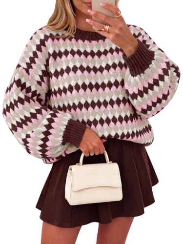 Saodimallsu Womens Color Block Striped Chunky Knit Sweater Crew Neck Tops