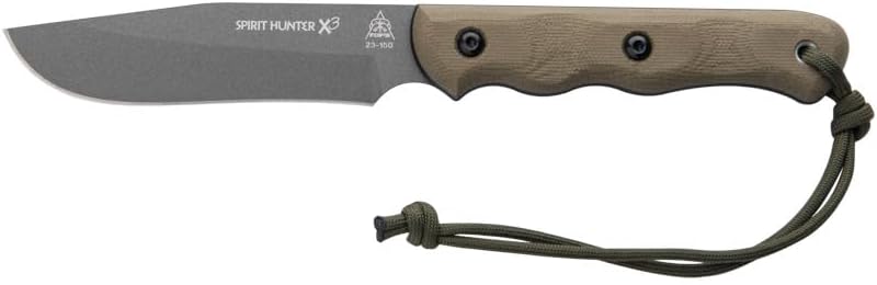 Tops Knives Spirit Hunter x3 Full Tang Fixed Blade- Brown Leather Sheath w/Dangler (Green Canvas/Black Canvas Micarta)