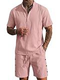Oanviso Hombre Chándal 2 Piezas de Algodón y Lino Camisa Manga Corta Verano Camiseta + Pantalones Cortos de Playa Deportivos Shorts Completo Traje Conjuntos A Rosa L