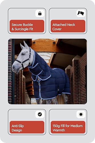 Image of Horze Glasgow Combo Anti-Slip Indoor Stable Horse Blanket with Attached Neck Cover (150g Fill) - Dark Blue - 78 in