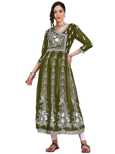 EthnicJunction Women's Georgette Regular Fit Anarkali Embroidered Chikankari Work Angrakha Kurta