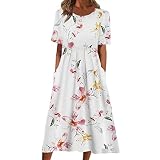 Deuyo Dresses for Mature Ladies,Dresses for Women 2023,Casual Loose Floral Crew Neck Print Pleated M