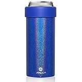 JIVILILM Slim Cooler for 12oz Cans. Stainless Steel, Vacuum Insulated, Double Walled Beer/Soda/Beverage/Energy Drinks Skinny Cans Holder (Glitter Royal Blue)