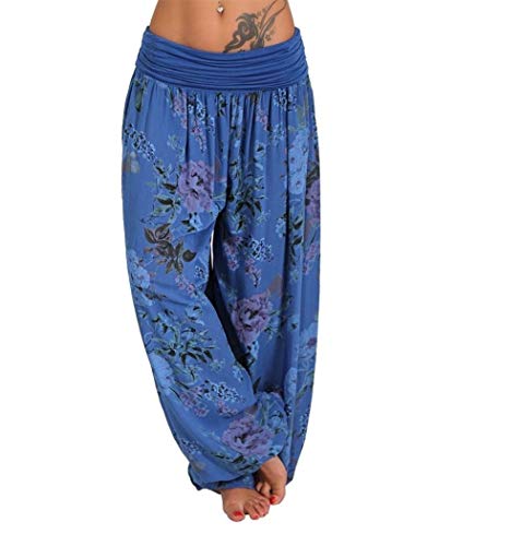Calça feminina HEFASDM com estampa floral e cintura franzida para ioga e pilates, Dark Blue, Large (