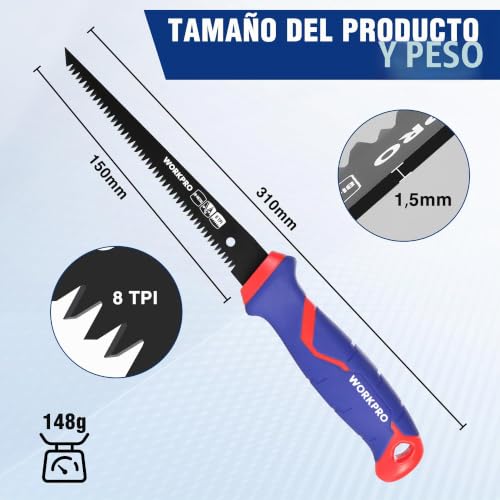 Miniatura 2 de Workpro Sierra Bimetálica 310mm, Hoja D6a M2 De 8 Tpi, Agujero De Colgar, Ideal Para Cortar Yeso, Madera Y Pvc, Paneles Finos