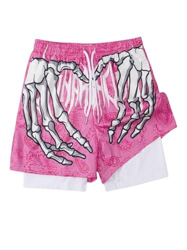 GORGLITTER Men's Skull-Hand Graphic Basketball Shorts with Liner 2 in 1 Drawstring Waist Workout Athletic Shorts