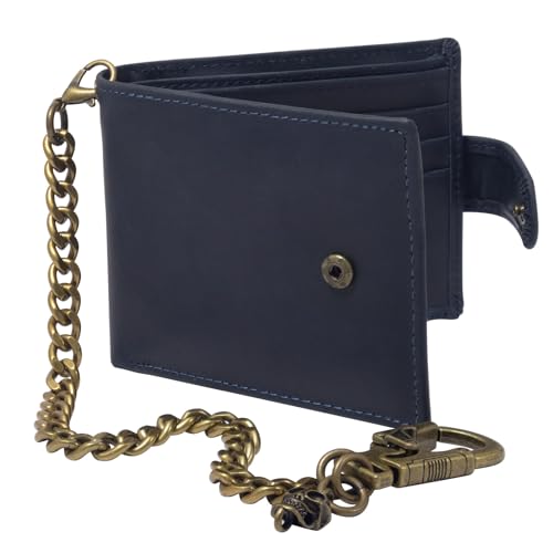 Ahiller Chain Wallet for Men Genuine Crazy Horse Leather Mens Bifold Wallets with Detachable Anti-Lost Double Locking Stainless Steel Carabiner Wallet Chain,Men's Gift-Deep Blue