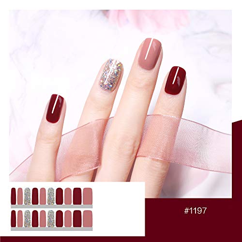 Beetle Studio 22 Pcs Full Nail Polish Strips Nail Wraps Decal Street Adhesive Nails Stickers False Nail Design Nail Polish Strips With Nail Files For Women Girls,#1197-Wine Red Colorful Flash #TOP2