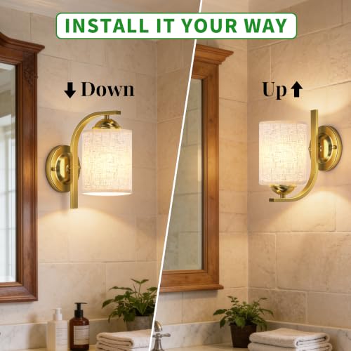 Image of 2-Pack Wall Sconces for Bedroom and Bathroom, Gold Farmhouse Wall Light Fixtures with Fabric Shade, Modern Vanity Wall Lamps for Living Room, Hallway, Kitchen
