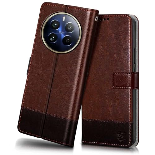 Image of Flipped Vegan Leather Flip Case Back Cover for Realme 12 Pro 5G | Realme 12 Pro Plus 5G (Flexible, Shock Proof | Hand Stitched Leather Finish | Card Pockets Wallet & Stand | Brown with Coffee)