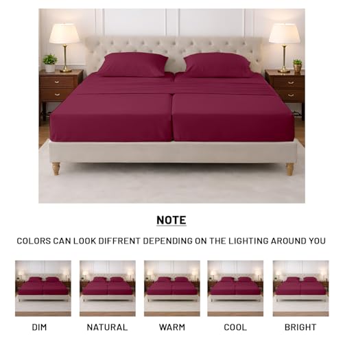 Image of SGI Split King Sheet Set for Adjustable Bed Egyptian Premium Cotton 600 Thread Count Sheets for Sleep Number Bed 15 inch Deep Pocket 5 Pc Set with 2 Twin XL Fitted Sheets Soft Breathable -Burgundy