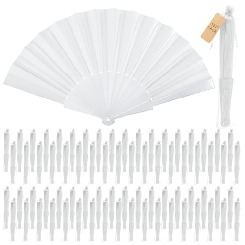 Wenqik 120 Pcs Wedding Folding Hand Fans Bulk Silk Fabric Chinese Handheld Foldable Clack Fans with Plastic Ribs for Party, Wedding Gifts, Line Dancing, Home Decorative (White)