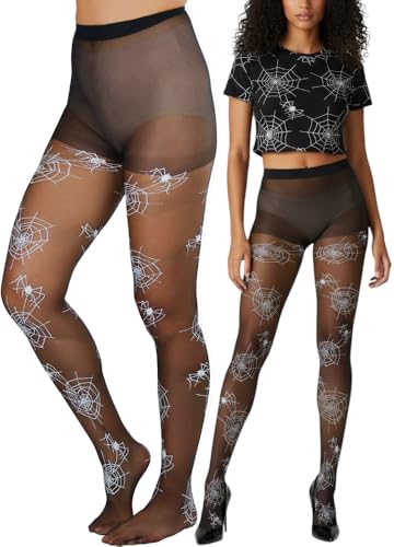 Image of ToBeInStyle Women's Spiderweb & Crawling Spider Print Hosiery Tights & Thigh High Stockings