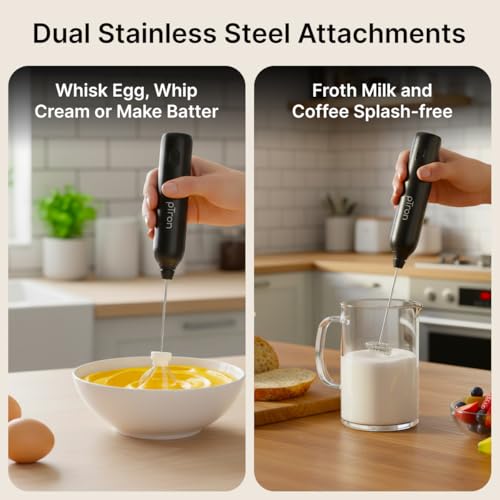 Image of pTron EaseMate Frother Z1 w /Dual Spring & Egg Whisk, 3-Speed Electric Frother for Milk /Coffee, Handheld Stand-up Design, Portable, Rechargeable, Stainless Steel Attachments (Black)