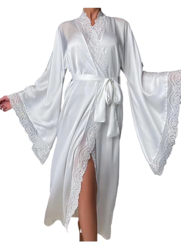 Robe longue en satin élégante avec bordure en dentelle raffinée et décolleté col en V