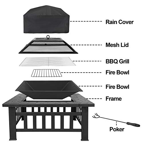 32'' Outdoor Fire Pit Metal Square Firepit Backyard Patio Garden Stove Fireplace Faux-Stone Finish Wood Burning Fire Pit With Rain Cover & Poker #TOP2