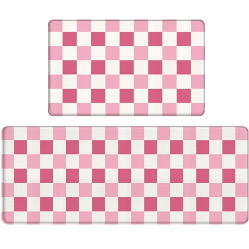 Bulijojo Pink Plaid Anti Fatigue Kitchen Floor Mats Set of 2 Waterproof Kitchen Sink Runner Rug Standing Mat Cushioned Kitchen Rugs Comfort Doormat 17"x47"+17" x30“