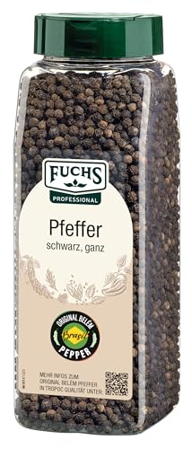 Fuchs Professional - Pfeffer schwarz ganz, Ungemahlener Pfeffer zum Mörsern oder für die Pfeffermühle geeignet, Mit praktischem Streuaufsatz, 500 g im großen Streuer