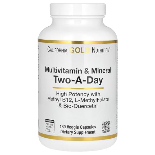 California Gold Nutrition Multivitamin and Mineral with Methyl B12, Vitamin C, L-MethylFolate and Bio-Quercetin, Two-A-Day, 180 Veggie Capsules
