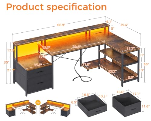 ODK L Shaped Desk with File Drawer, 66\" Reversible L Shaped Computer Desk with Power Outlet & LED Strip, Office Desk with Storage Shelves, Gaming Desk with Monitor Shelf, Corner Desk, Vintage