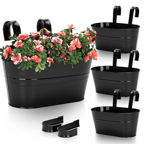 KINGLAKE 4Pcs Metal Hanging Plant Pots, 27cm Black Fence Hanging Planters Flower Pots Holder Large Balcony Planters for Railing Outdoor Garden Home Décor with Detachable Hooks