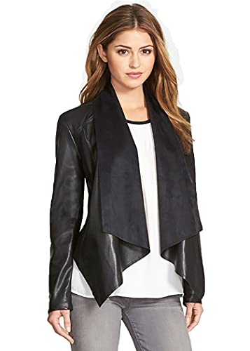 Image of SID Womens Floating Layered Lambskin Leather Jacket, Biker Jacket Black, Small