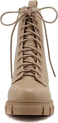 Soda Women's Round Toe Chunky Block Stacked Heels Lace Up Pull-Up Tab Military Combat Boots L-Blond Pu 9 | Image 3