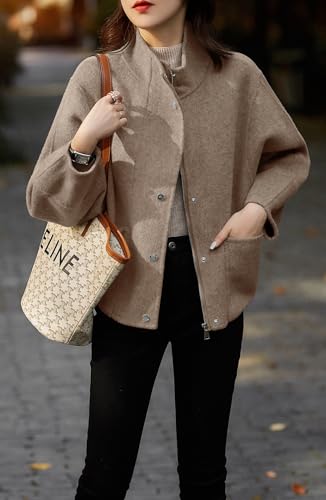 chouyatou Women's Casual Stand Collar Single Breasted Short Wool Pea Coat Overcoat with Pockets3