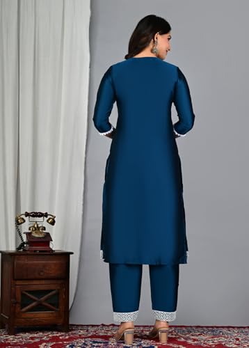 Image of Women's Silk Embroidered Kurta with Pant and Dupatta Set, Straight Style