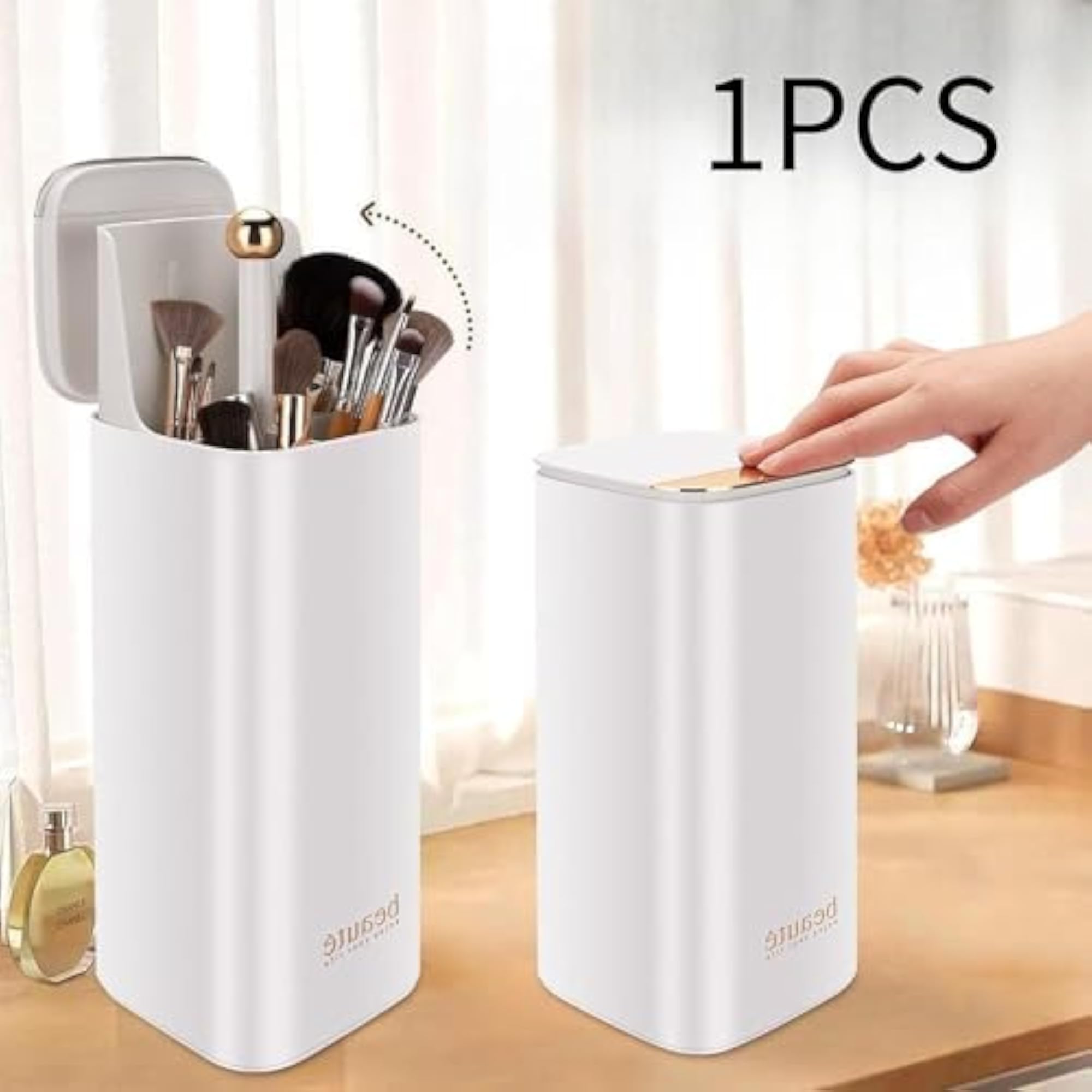Vanity Table Storage Organizer Automatic Lifting Brush Container, White