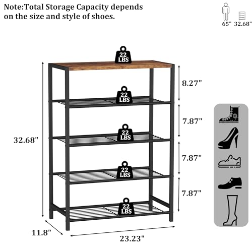 Image of HOMEFORT 5-Tier Shoe Rack, Shoe Storage Shelf with MDF Top Board, Shoe Rack Organizer, Each Tier Fits 3 Pairs, Entryway Shoe Stand with Sturdy Shelves, Rustic Brown