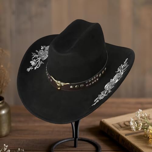 Sombrero vaquero bordado de fieltro unisex negro talla M miniatura 4