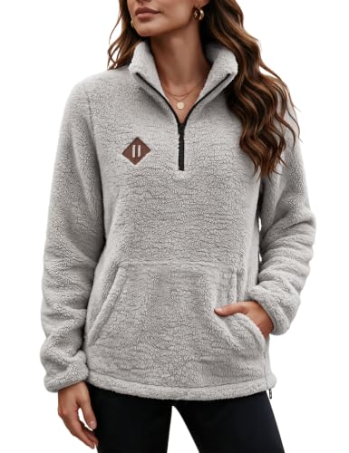 Image of Vancavoo Women’s Half Zip Fleece Pullover Soft Teddy Borg Fleece Jumper | Soft Sherpa Pullover with Stand Collar, Kangaroo Pocket and Relaxed Fit for Autumn and Winter,Grey,L