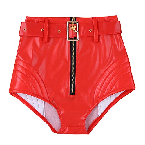 iiniim Women's PU Leather Front Zipper Booty Shorts Hot Pants Rave Dance Costumes Red with Belt XS