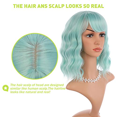 Enilecor Short Wavy Mint Green Wig With Air Bangs,12" Curly Bob Wig For Women,Shoulder Length Fun Wigs Synthetic Colorful Wigs For Daily Cosplay #TOP4