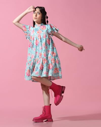 Image of Cherry & Jerry Blue Floral Print Schiffli Dress