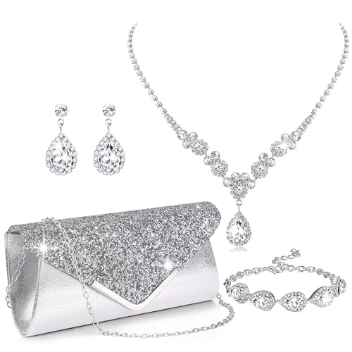 RIOSO Silver Jewelry Set for Women Evening Rhinestone Clutch Purse Bag Necklace Earring Bracelet Formal Prom Wedding Accessories Costume Jewelry Sets