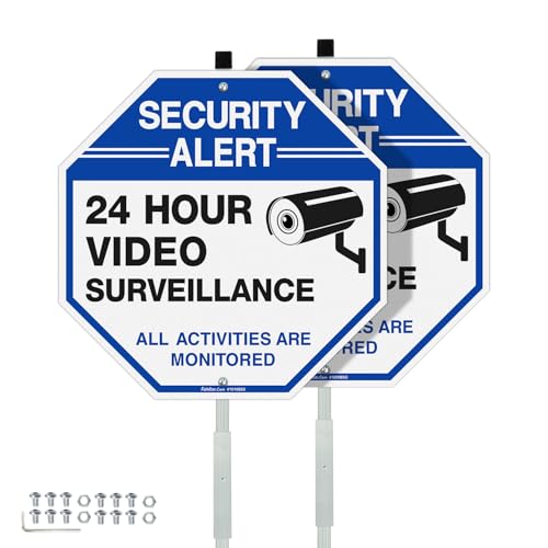 Faittoo Security Sign Video Surveillance Sign with 42 Stake 2-Pack 10x10 Rust Free Heavy Aluminum Reflective Fade Resistant 2 Pe-drilled Holes Includes Matching Screws & Wrench