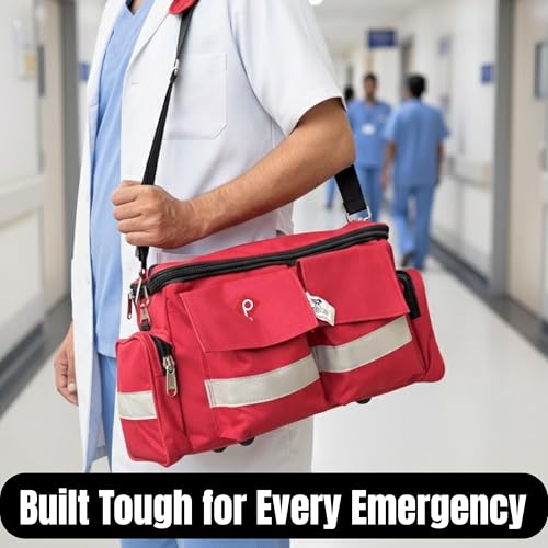 Image of PAHAL Large First Aid Medical Kit Bag 18 Inch Red | Heavy Duty Waterproof Emergency Doctor Bag with 10 Pockets & 3 Compartments | Medicine Instrument Storage for Hospital, Clinic, Home, Industrial Use