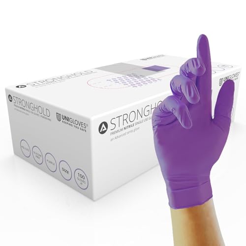 Unigloves Stronghold GM0061 Nitrile Examination - Multipurpose, Powder Free and Latex Free Disposable Gloves, AQL 0.65, Box of 100 Gloves, Purple, Extra Small