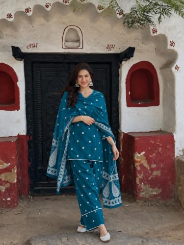 Image of ANNI DESIGNER Farshi Salwar Suit for Women | Cotton Blend Printed Straight Kurta with Dupatta | Farsi Farasi Parsi Ethnic Indian Office Party Wedding Clothing Fashion Premium Traditional Look 3 Piece