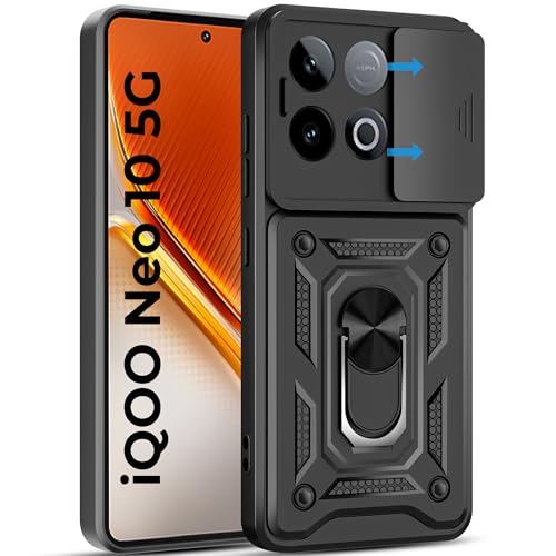 Image of A rtistque Armor Bumper Back Case Cover for iQOO Neo 10 5G | Stylish Ring Holder & Inbuilt Stand | Sliding Camera Cover | Shockproof TPU Protective Design | iQOO Neo 10 Back Cover - Black