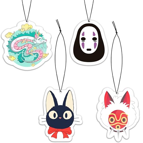 Pounchi Japanese Anime Car Air Freshener Cards (4 Pack Refreshing Ice Scent) Cute Anime Accessories for Car Interior Hanging Gift Rearview Pendant Supplies