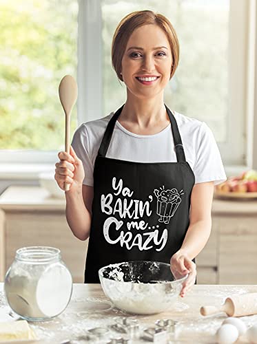 Popkoh Funny Baking Apron For Women Men With 3 Pockets - Cute Apron Cooking Gift For Bakers, Friends, Mom, Daughter, Wife, Girlfriend, Sister, Chef, Birthday - Large 100% Cotton Ya Bakin' Me Crazy #TOP2