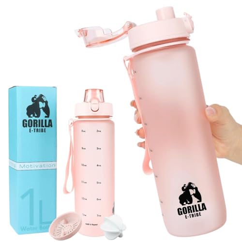 Gorilla E-Tribe Pink Water Bottle Time Marker - Daily Intake Tracking - BPA Free & Leak Proof Protein Shake Bottle - Ideal for Gym, Office, School & Hiking - 32oz