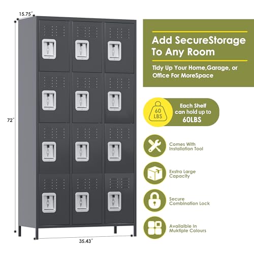 SUPEER Metal Locker Storage Cabinet, Lockers Cabinet for Employees with Lock and 12 Doors,Steel Storage Locker Cabinet for School Office Gym Bedroom,Assembly Required (12 Door-Dark Grey) - Image 4