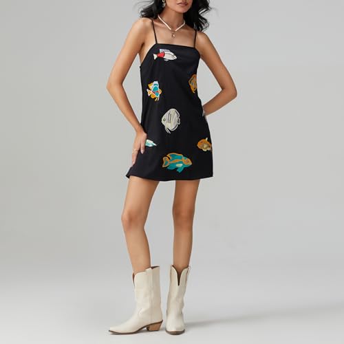 Women's Black Spaghetti Strap Short Dress with Colorful Fish Embroidery Casual Summer Sleeveless Mini Dresses4